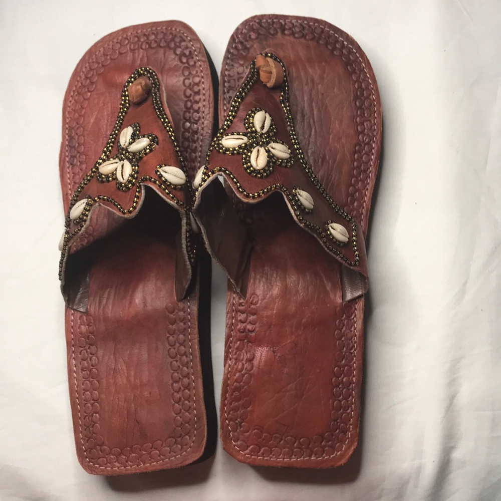 Brown leather beaded sandals